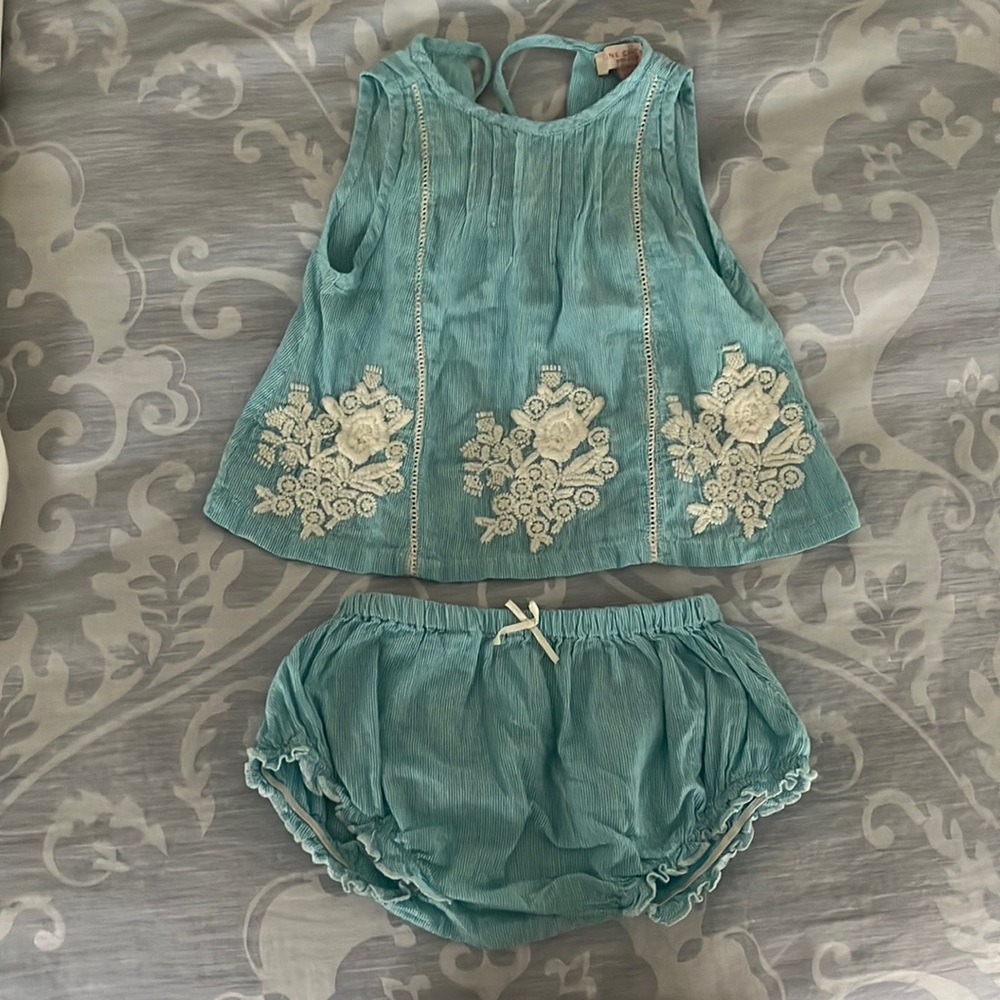 Pink Chicken Turquoise Embroidered Bubble Set 6-12 Months